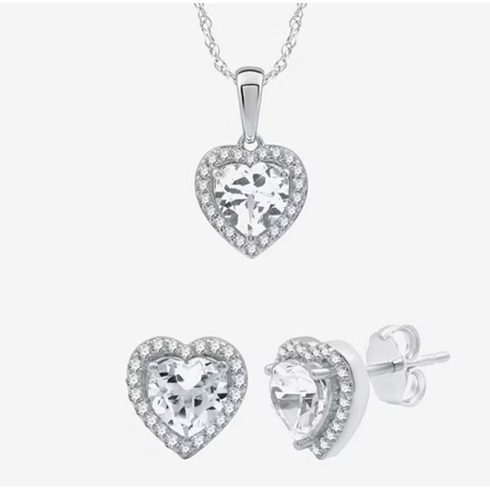 Heart Pendant Necklace Stud Earrings Sterling Silver Gift Set NWT White Sapphire